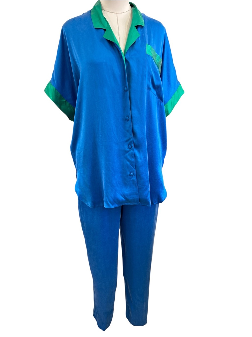 Vintage Diane Gilman silk short sleeve pajama set blue green Size small